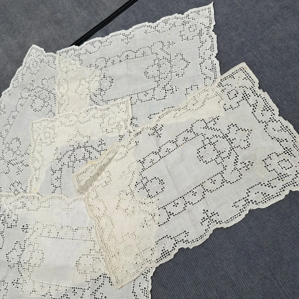 Vintage Cream Lace Placemats Set of 5 Openwork Scalloped Linen Rectangular 16x11